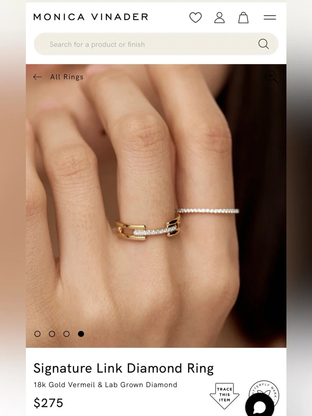 NWT MONICA VINADER Signature Link 18k Gold Vermeil and Lab Grown Diamond Ring